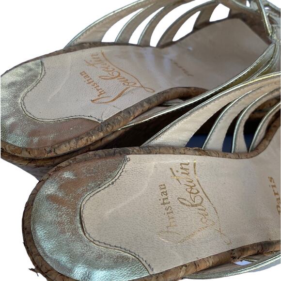 Louboutin 36 Gold Metallic Cork Wedge Mule Sandals - Picture 7 of 13